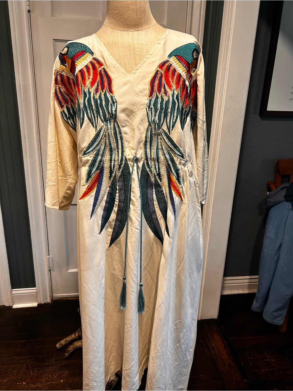 Ivory Maxi Dress with Embroidered Parrot Motif